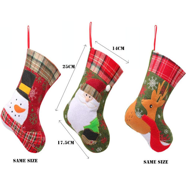 3 st julstrumpor, tomte, snögubbe och renar, stora