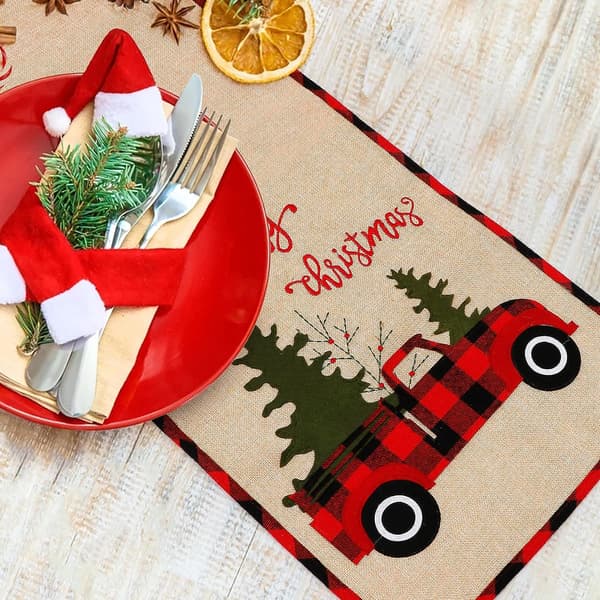 Rustik Lastbil og Buffalo Plaid Burlap Julebordløber Embr