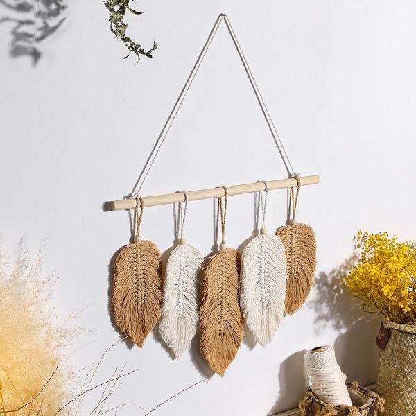 Bohemian Chic Feather Macrame Seinätekstiili Käsintehty Kudotut Lehdet