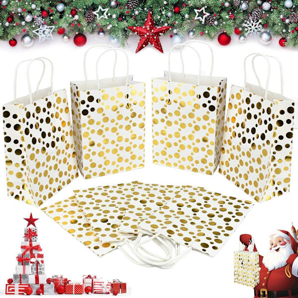 24 stk Kraftpapirpose 15x8x21cm Gaveinnpakningspose Gull Polka Dot