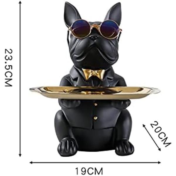 Fransk Bulldogg Statue med Rustfritt Stål Brett, Borddekorasjon