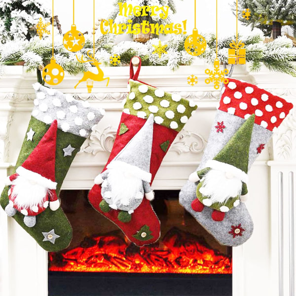 3Pcs Christmas Stockings, 3D Gnomes Santa Christmas Stocking Fire