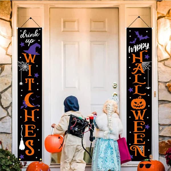 2 stk. Halloween-banner, Halloween-forhæng til hoveddøren, Trick or