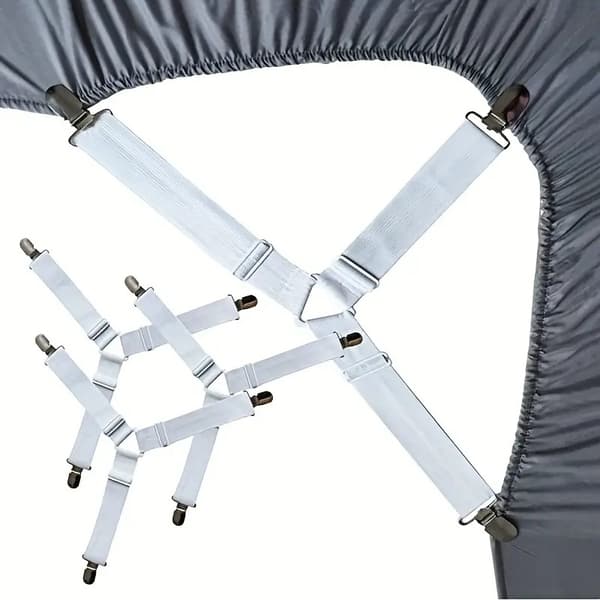 Set med 4 vita justerbara triangulära elastiska band för lakan, M