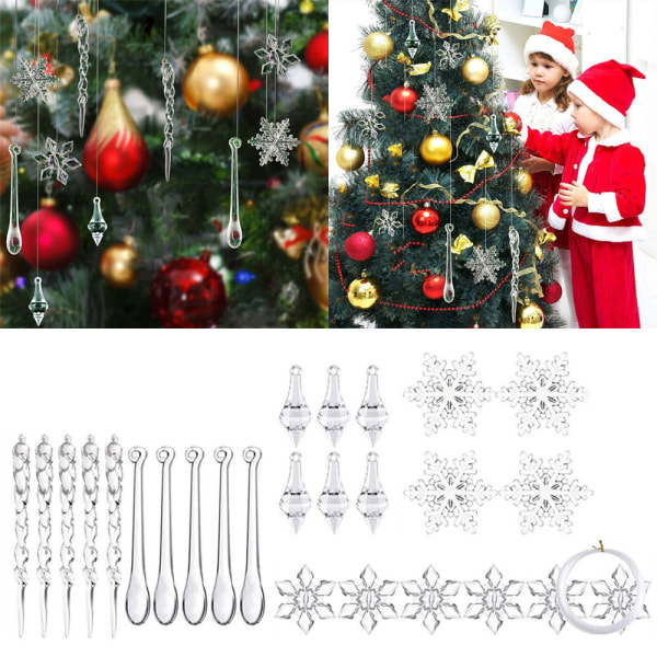27 stykker akryl julepynt, akrylsnøflak, en