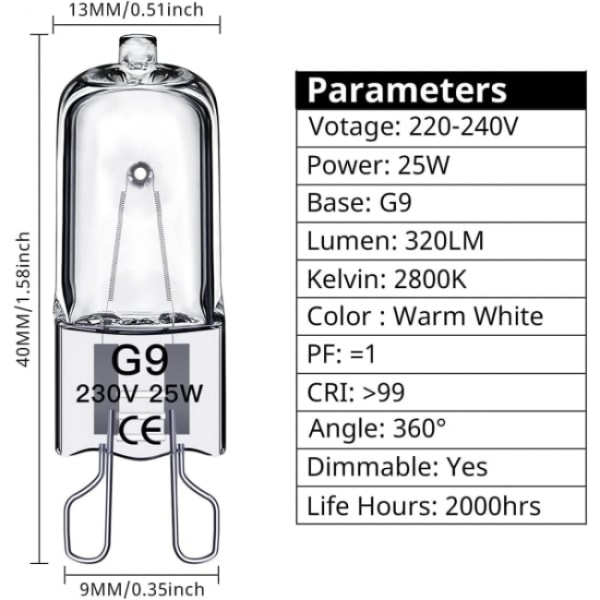 G9 halogenpære 25W, 220V, 10 stk. 25W