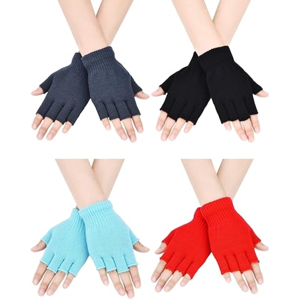 4 par fingerløse handsker vinter halvfinger vanter ensfarvet strikket Ty