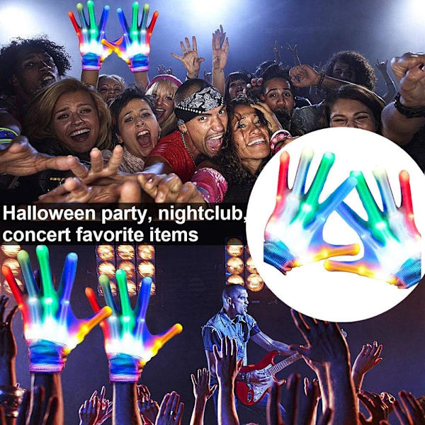 Kendte LED-handsker, 1 par LED-multifarvede blinkende handsker, blinkende skelet