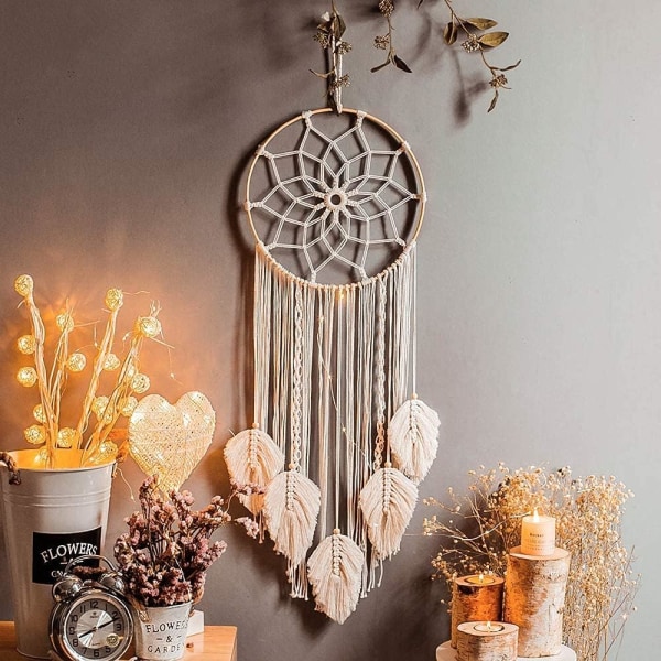 Macrame drömfångare, stor vävd fjäder väggdekoration tofs