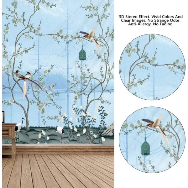1st stor bohemisk väggtapet blå blommor och fåglar vägghäng