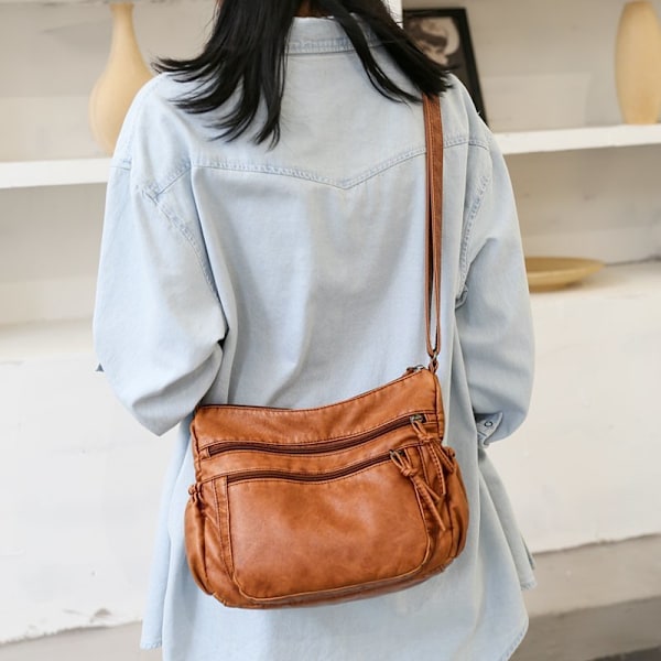 (Brun) Dam Crossbody Väska i Mjukt PU Läder Dam Handväska C