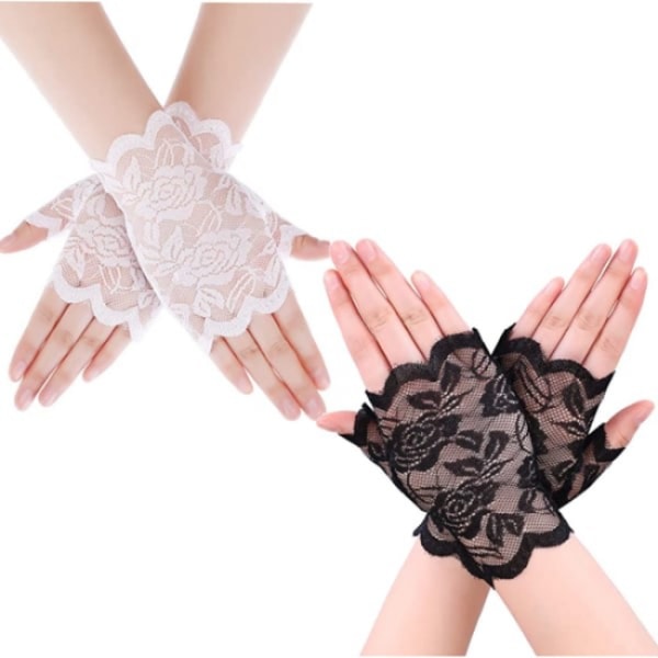 2 par spetshandskar Flower spets fingerlösa handskar för kvinnor Svart