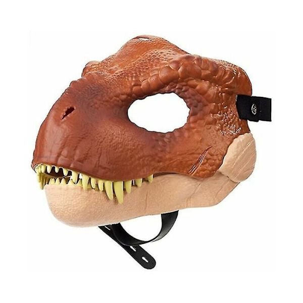Dinosaurusnaamio, jossa aukeava leuka, silmä- ja nenäaukot sekä turvallinen