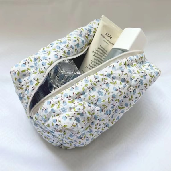 BLÅ BLÅ blomstret puffet quiltet makeuptaske Stor rejsekosmetik B