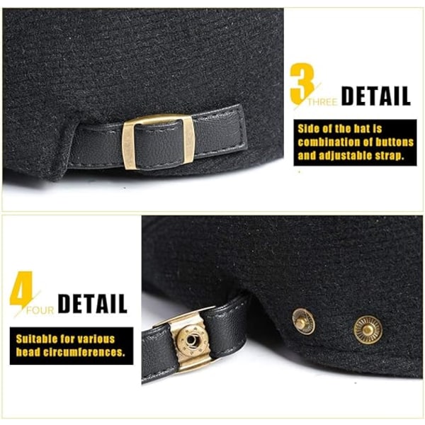 Herre flad beret cap justerbar flad hat efterår vinter（sort）