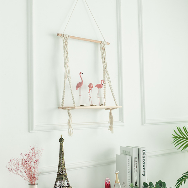 Väggmonterad hylla i trä, macramé, bohemisk dekoration, växter, enkel tofs, manuell