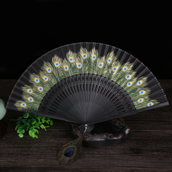 Black Peacock Silk Bamboo Folding Fan, Include A Silk Pouch，Japan