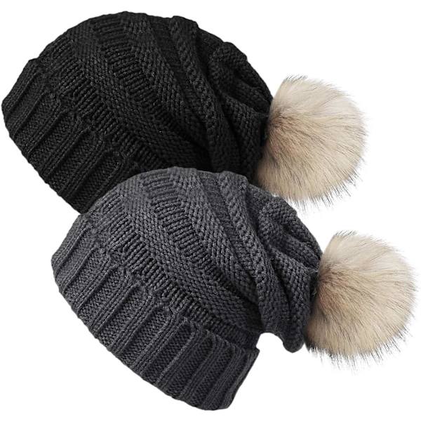 2 stk. Dame Vinterhue med Pompom, Varm Strikket Hue med Fleece