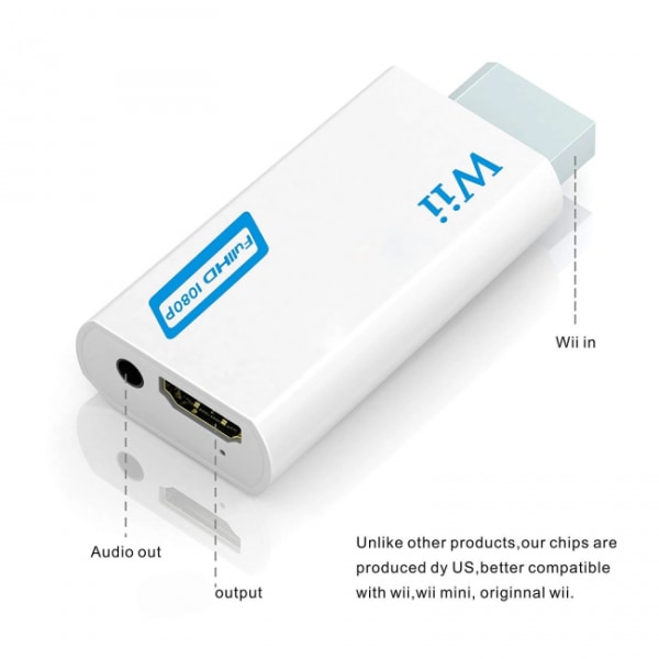 Wii til HDMI-adapter, 1080p Full-HD Nintendo Hvit