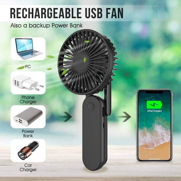 (Musta) Käsipuhallin, Mini Hiljainen Kannettava USB-Ladattava Tuuletin, Virta