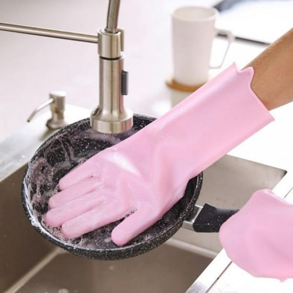 Pink, et par silikone opvaske- og rengøringshandsker til opvask