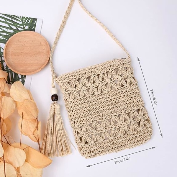 1 st beige halmbag för kvinnor, handgjord bohemisk stil strand