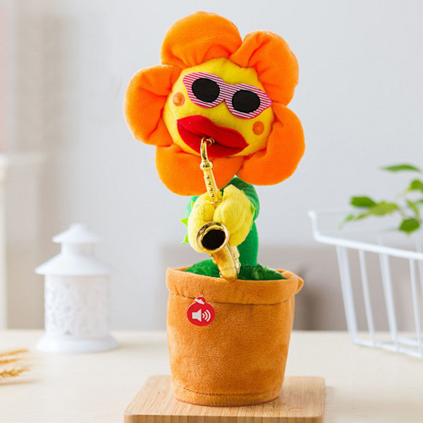 Syngende og dansende blomst med saksofon morsom plysj elektrisk til