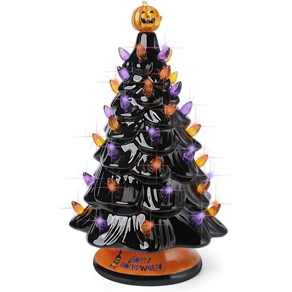 Svart Halloween-träd i keramik med orange och lila lampor, förbelyst