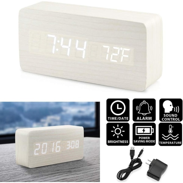 Trädigital väckarklocka, trä multifunktionell LED väckarklocka