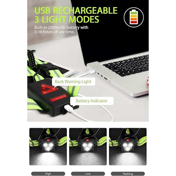 USB-oppladbar løpelys, løpelys, vanntett, for J