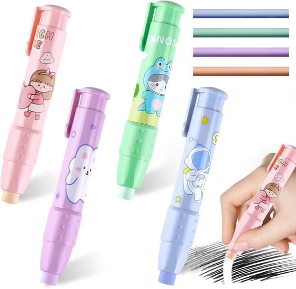 4 Retractable Eraser Pen, Pencil Eraser med 8 erstatningskjerner,