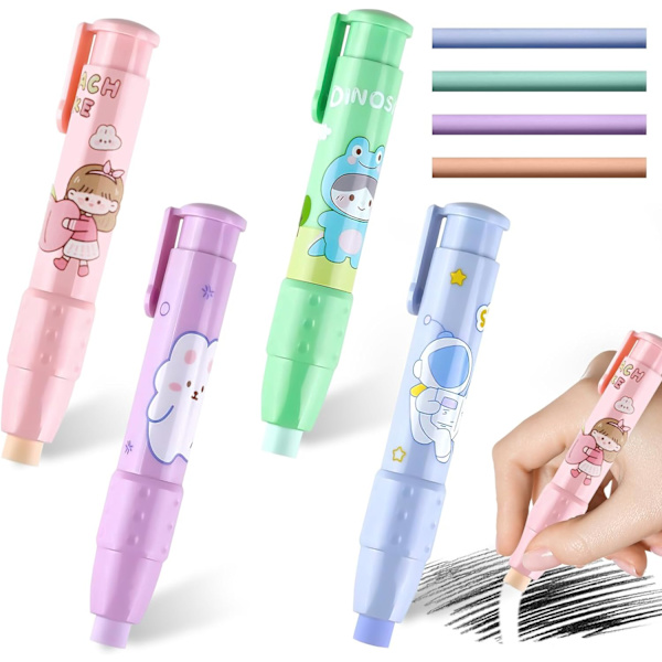4 Retractable Eraser Pen, Pencil Eraser med 8 Udskiftningskerner,