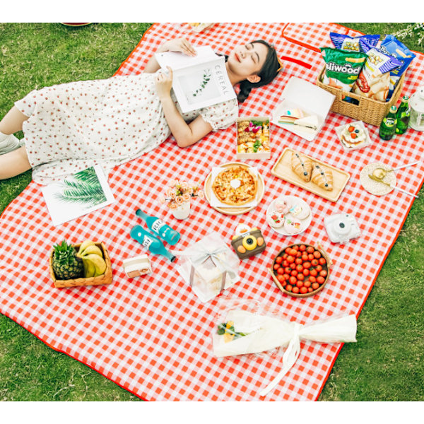(Rød og hvid ternet) 200*150cm Picnic Tæppe, Foldbar Picn