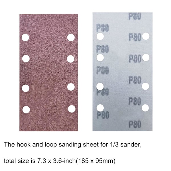 Sandpapper 93 x 185 mm - 8 hål fyrkantig kardborre-sandpapper - 80