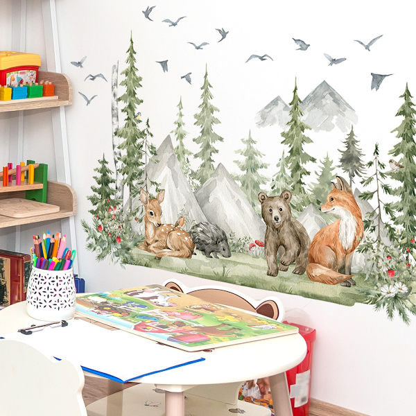 Berg och flod träd tecknad djur väggdekal papper vardagsrum R