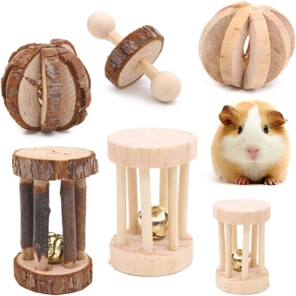 Set med 6 tuggleksaker i trä för hamster, möss, chinchillor, kanin,