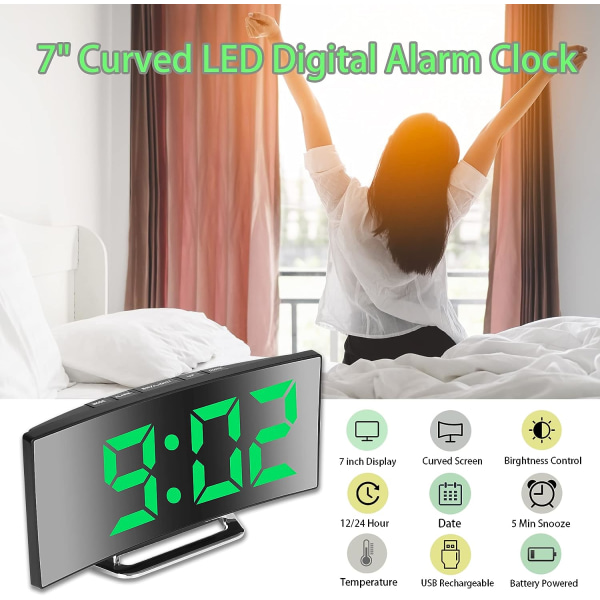 Digital väckarklocka för sovrum, 7'' LED-spegelskärm, 2 ljusa