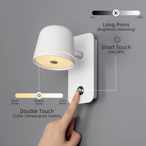 LED Justerbar Vægspot, 5W Hvid Væglampe med Touch Swi