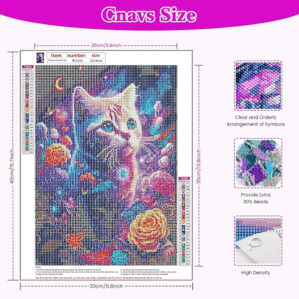 Katt Diamantmålning Kits, Diamantbroderi Blommor Full Set, 5D