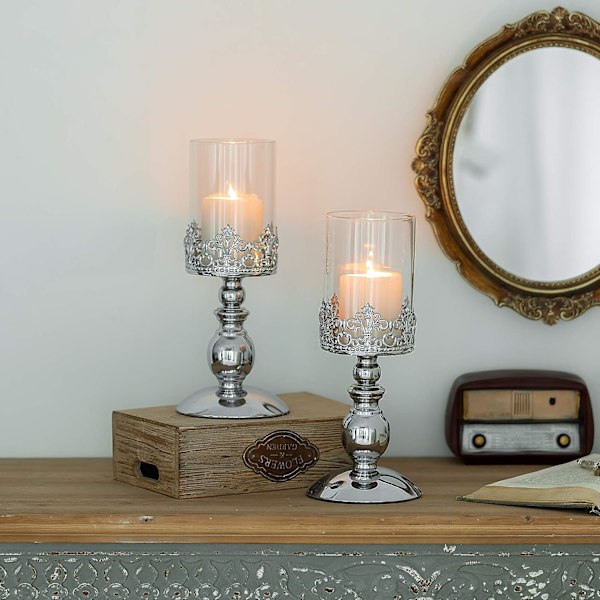 2 st silverljusstakar för pelarljus, orkan glas