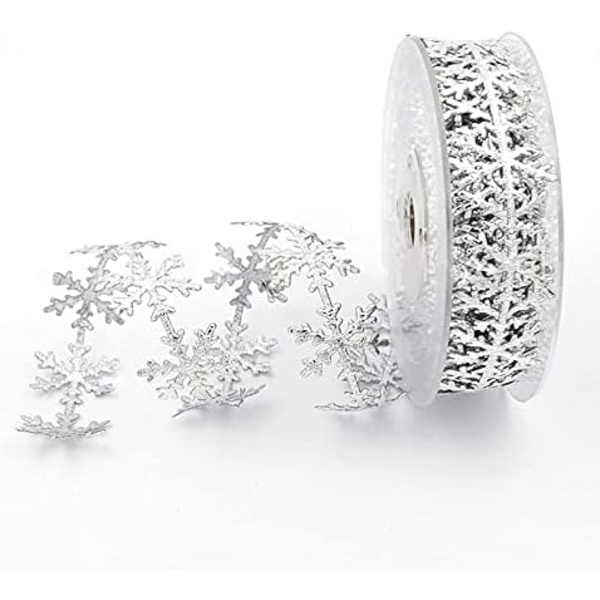 1 kpl Lumikidemuotoinen hopeanvärinen glitternauha, joulunauha satiini