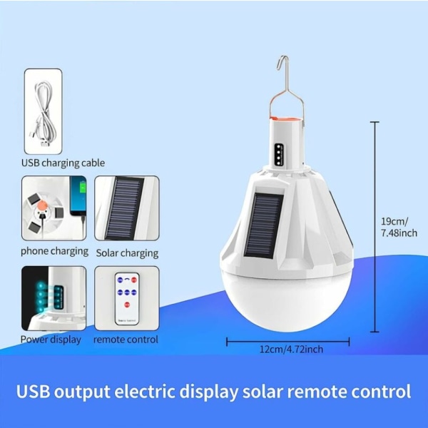 Solcelledrevet LED-pære, USB-oppladbar, solcelledrevet lyslampe