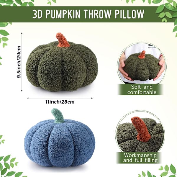 2 st (armégrön, blå) Simulerade pumpa plyschkuddar 3D Pumpk