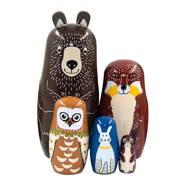 5 st ryska Babushka-dockor i trä, handmålade, djurmotiv