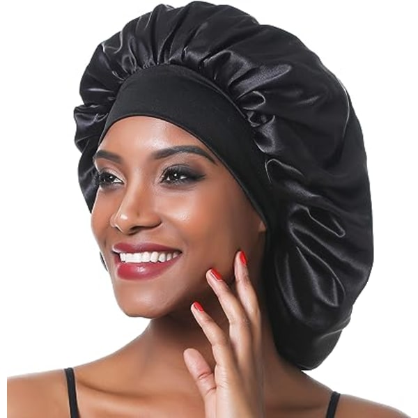 Bredband elastisk satin nattmössa för kvinnor långt hår lockigt hår (