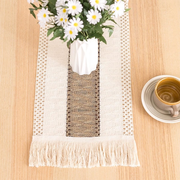 1 st 30 × 180 cm (Khaki) Bomull Linne Bordslöpare, Khaki Boho Cro