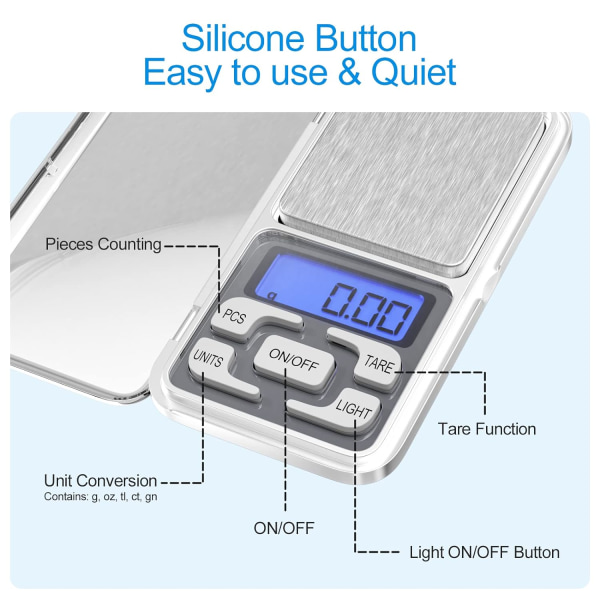 1 st precisionsköksvåg, 0,01 g-500 g, mini multifunktionell