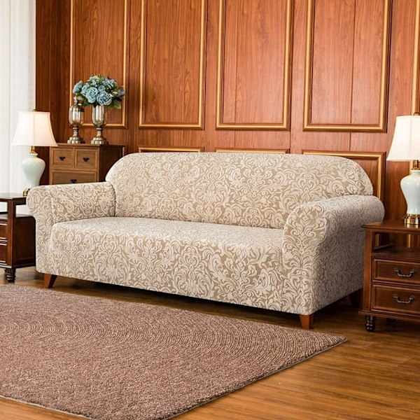 Aprikosfarget sofaovertrekk, 3-seters jacquard damask sofaovertrekk