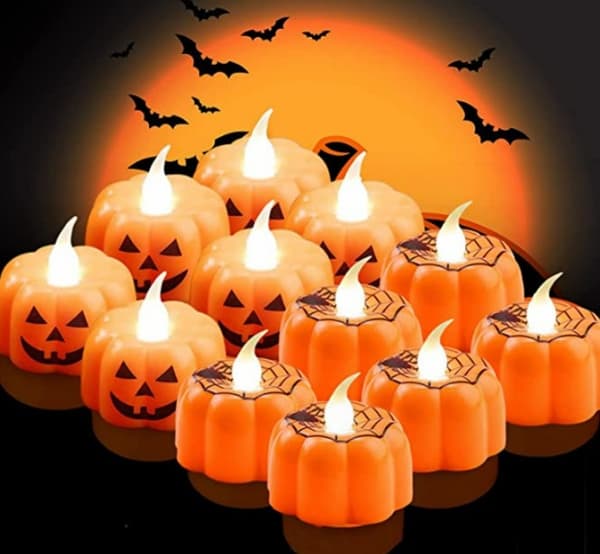 12 stk. batteridrevne telys med gresskarlys, gresskar Hallowe