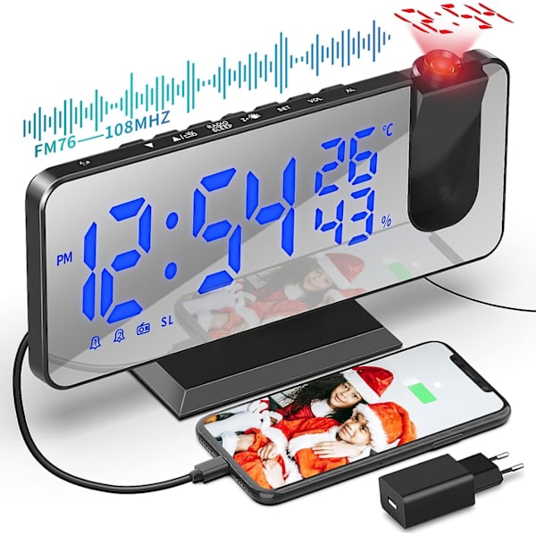 Takprojektorväckarklocka, spegelväckarklockradio, med Tem
